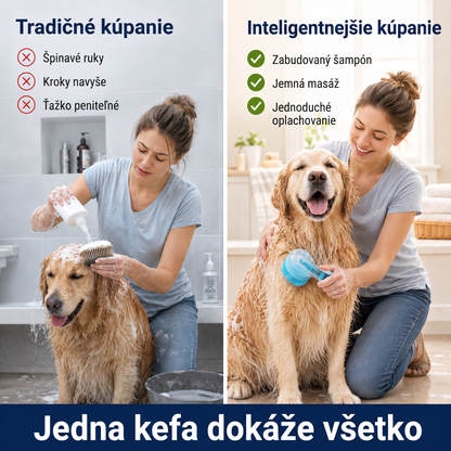 PKNEW® 🐕 Kúpacia kefa 2v1 s dávkovačom šampónu – Mäkká silikónová kefa na starostlivosť o srsť psov a mačiek 💎