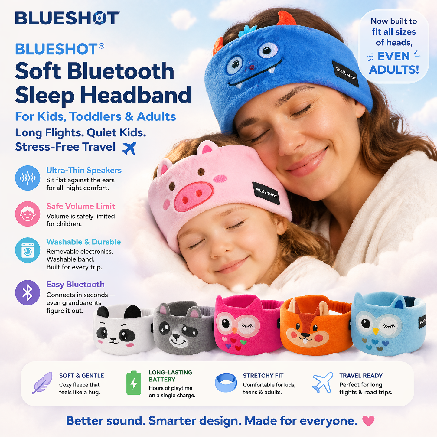 Blueshot® 🍈Kids Bluetooth Headband Headphones, 🦉 Soft Fleece Sleep & Travel Earphones, Volume-Limited Wireless Audio, Washable Animal Headband for Toddlers & Kids