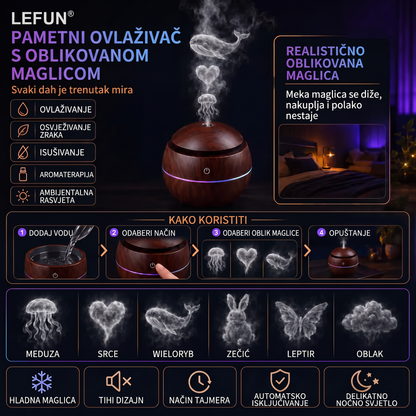 LEFUN® Pametni ovlaživač zraka i difuzor s oblikovanom maglicom 🌈 – Drveni dizajn s efektima meduze i RGB osvjetljenjem 💎