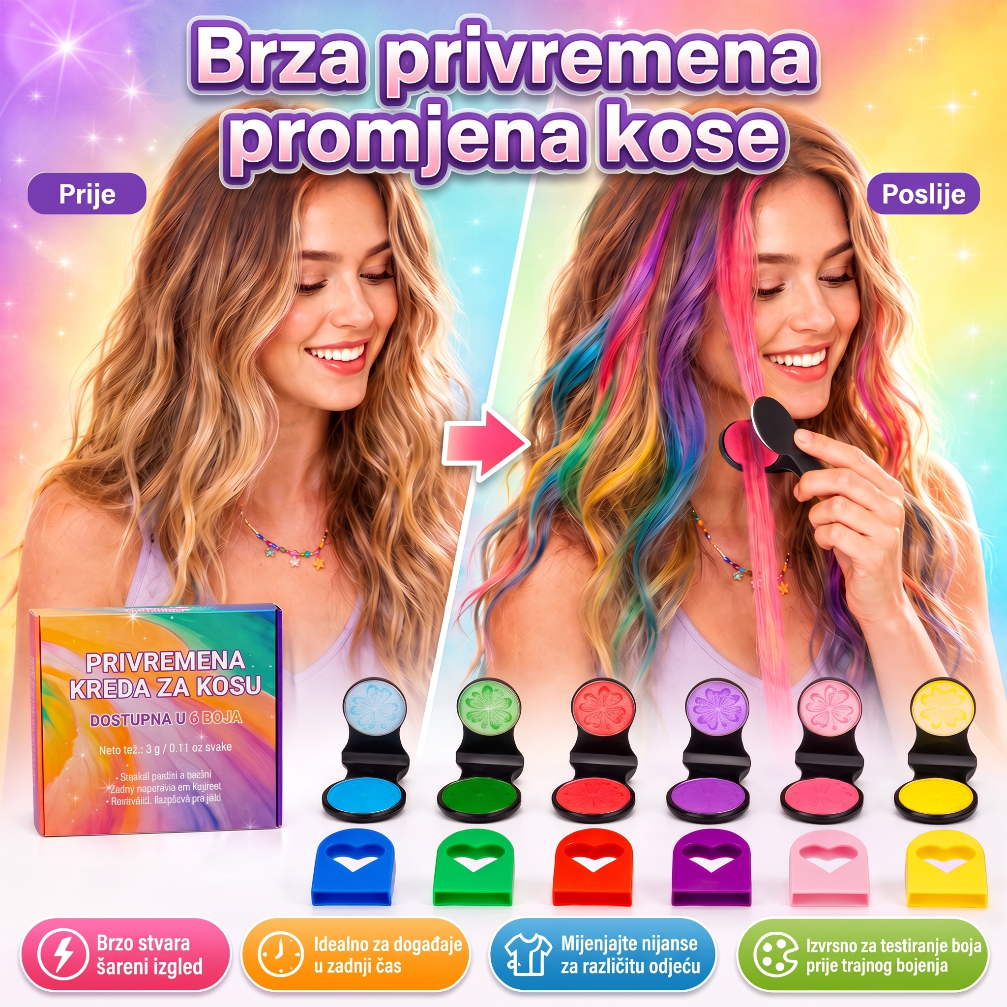 ✨ Posljednji dan -50% POPUSTA ✨ - Set 6 privremenih kreda za kosu s aplikatorom 💎