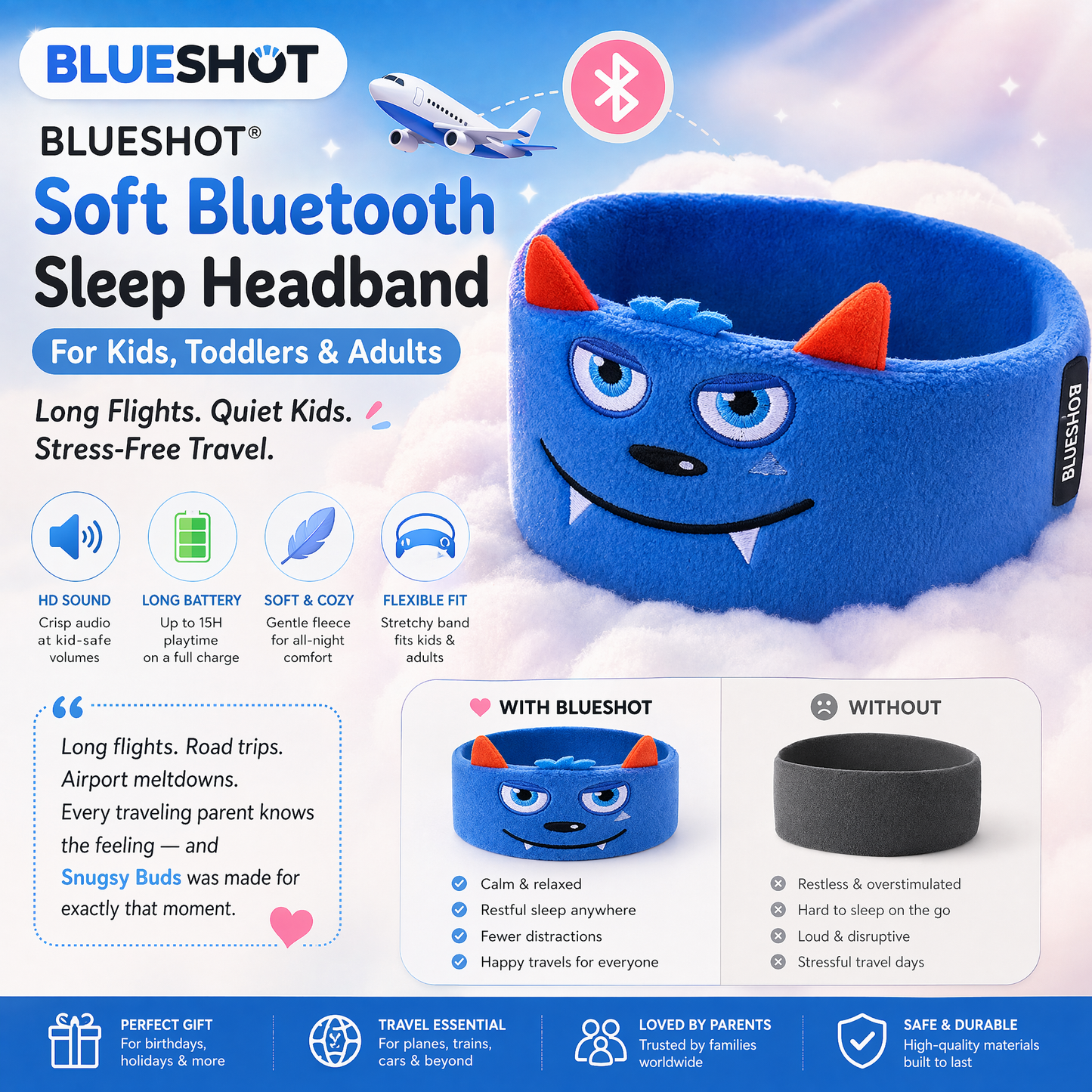 Blueshot® 🍈Kids Bluetooth Headband Headphones, 🦉 Soft Fleece Sleep & Travel Earphones, Volume-Limited Wireless Audio, Washable Animal Headband for Toddlers & Kids