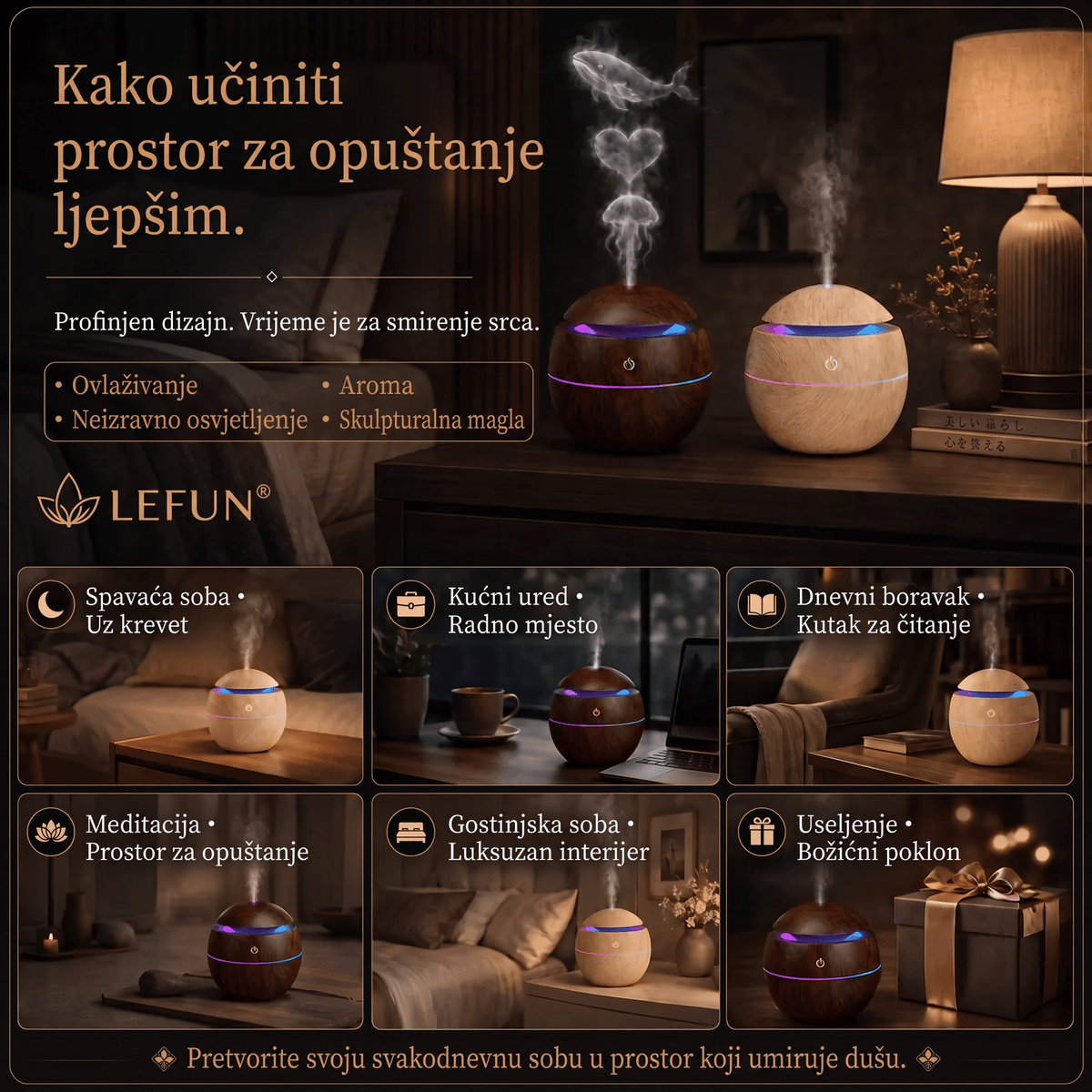 LEFUN® Pametni ovlaživač zraka i difuzor s oblikovanom maglicom 🌈 – Drveni dizajn s efektima meduze i RGB osvjetljenjem 💎