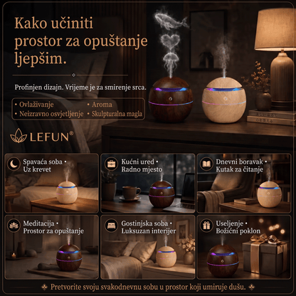 LEFUN® Pametni ovlaživač zraka i difuzor s oblikovanom maglicom 🌈 – Drveni dizajn s efektima meduze i RGB osvjetljenjem 💎
