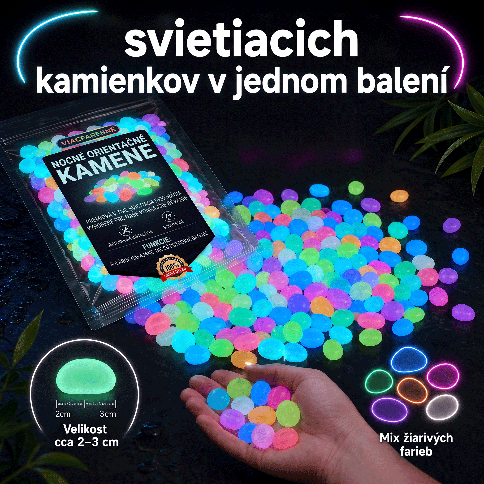 PKNEW® Svetielkujúce záhradné kamienky nabité svetlom 👑 – farebná nočná žiara bez káblov a batérií, vodeodolná dekorácia na chodníky, kvetináče, záhony, terasu aj okolie bazéna 💎