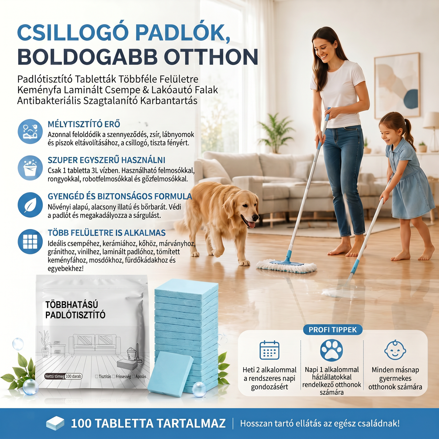 PKNEW® Padlótisztító Tabletták – Többfelületű tisztítószer keményfához, laminált padlóhoz, csempe- és lakóautó-falakhoz. Antibakteriális, szagtalanító és ápoló hatás 💎