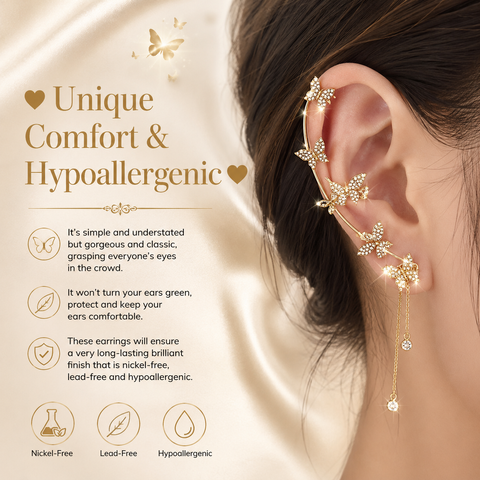 Premium Butterfly Ear Cuff🦋 —  Hypoallergenic, Nickel-Free & Lead-Free | Comfortable Clip-On Design for Sensitive Ears💎