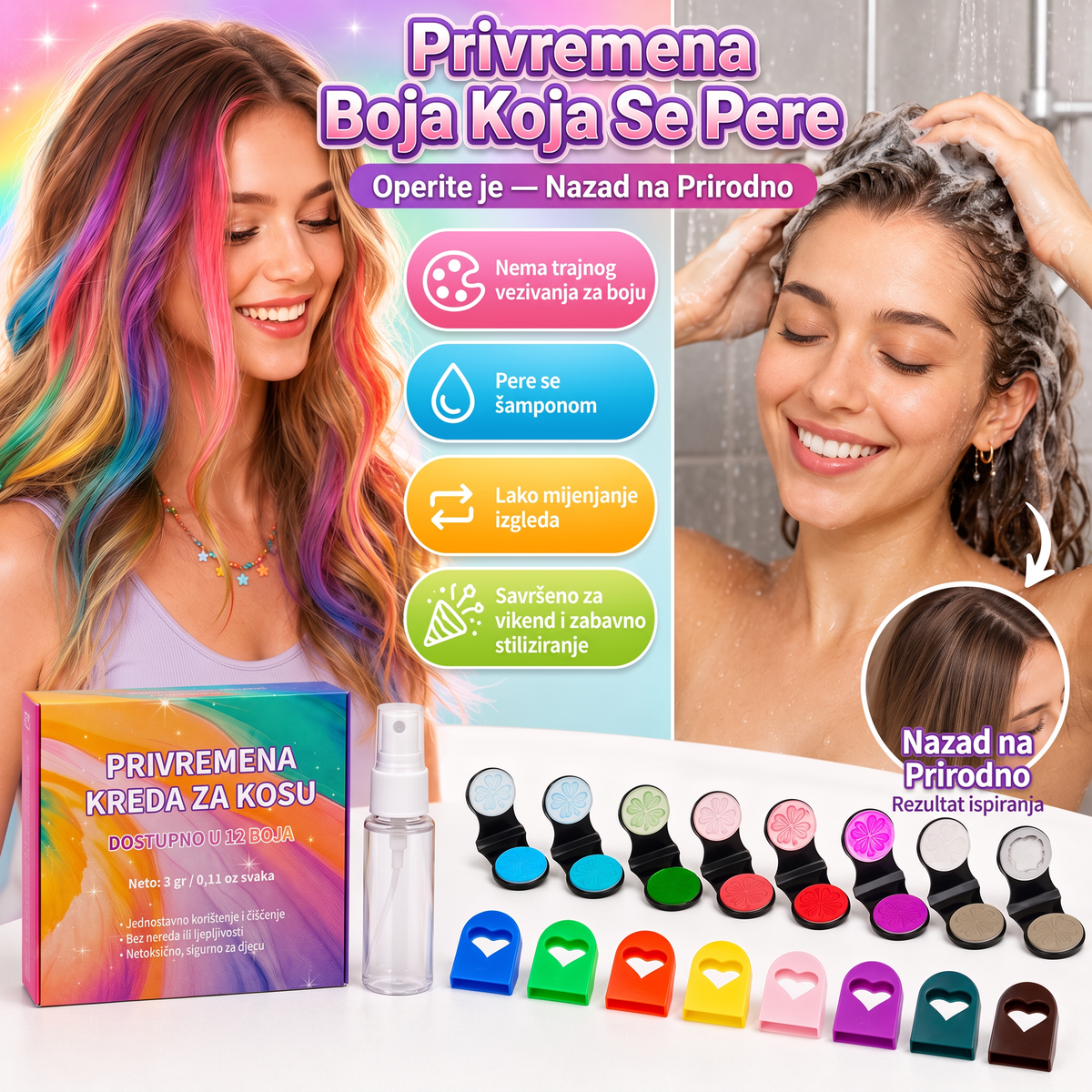 🔥🔥 Posljednji dan -50% POPUSTA - 🌈 Set od 12 boja privremene krede za kosu s aplikatorom