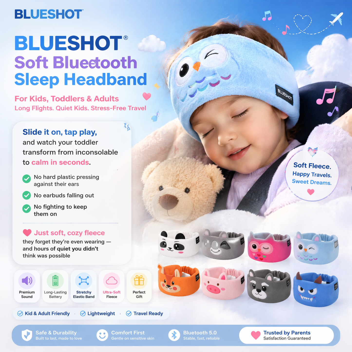 Blueshot® 🍈Kids Bluetooth Headband Headphones, 🦉 Soft Fleece Sleep & Travel Earphones, Volume-Limited Wireless Audio, Washable Animal Headband for Toddlers & Kids