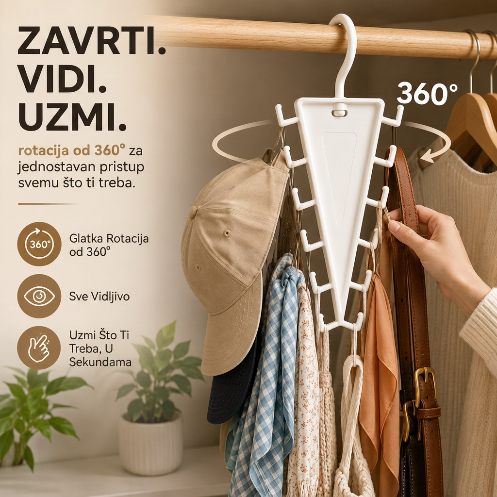 🔥🔥 Rotirajući organizator ormara s 12 kukica – Uštedite prostor i držite dodatke organiziranima👚