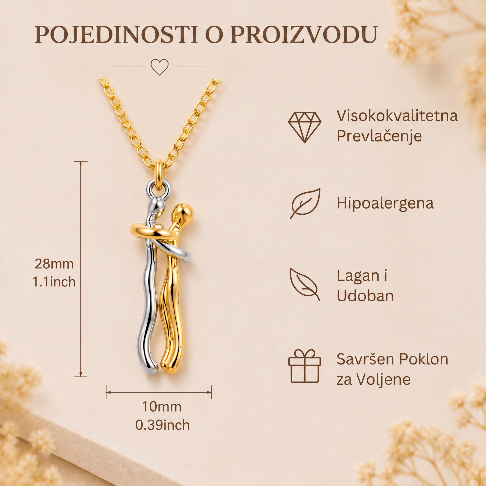 🔥🔥 Privjesak Slatki Zagrljaj – romantični simbol ljubavi s podesivim srebrnim lančićem 💎