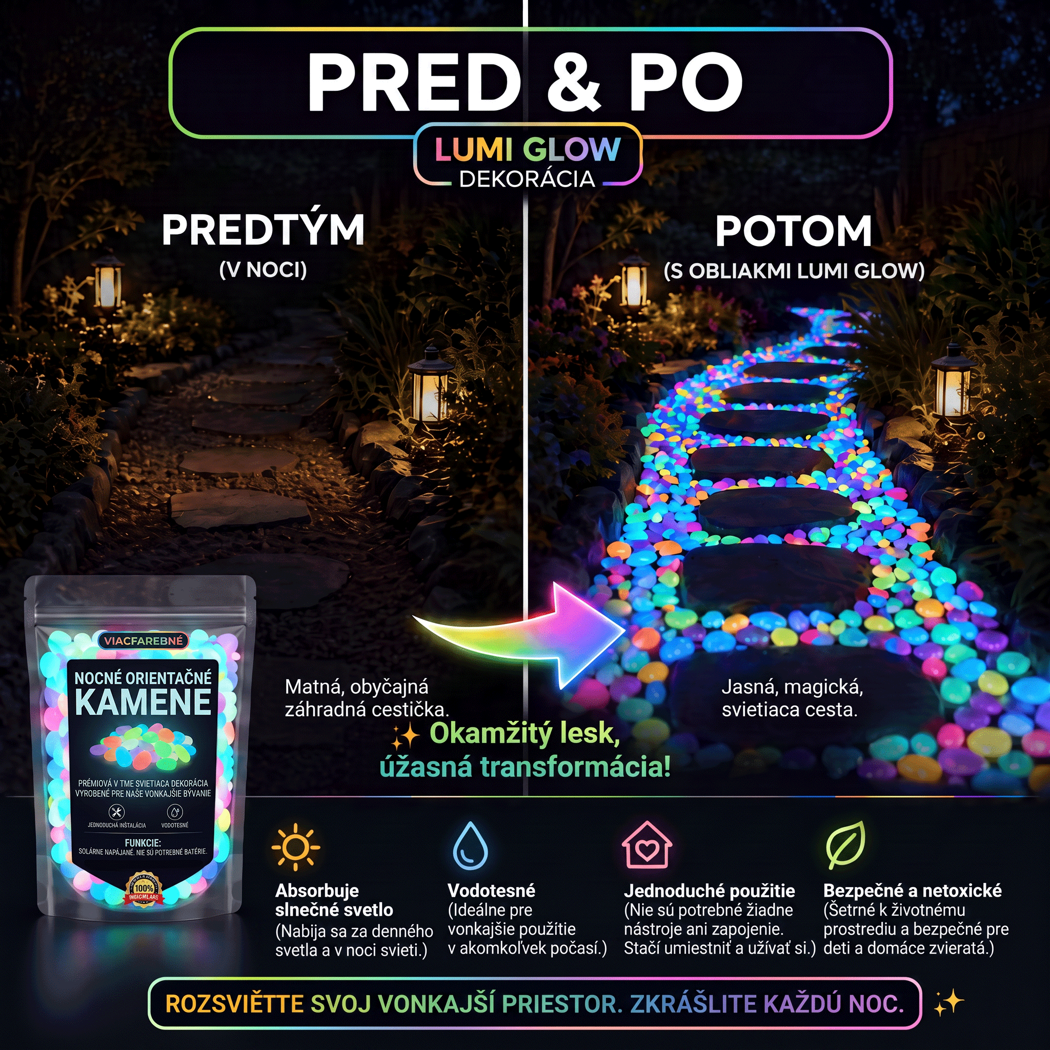 PKNEW® Svetielkujúce záhradné kamienky nabité svetlom 👑 – farebná nočná žiara bez káblov a batérií, vodeodolná dekorácia na chodníky, kvetináče, záhony, terasu aj okolie bazéna 💎