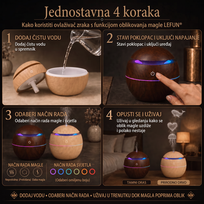 LEFUN® Pametni ovlaživač zraka i difuzor s oblikovanom maglicom 🌈 – Drveni dizajn s efektima meduze i RGB osvjetljenjem 💎