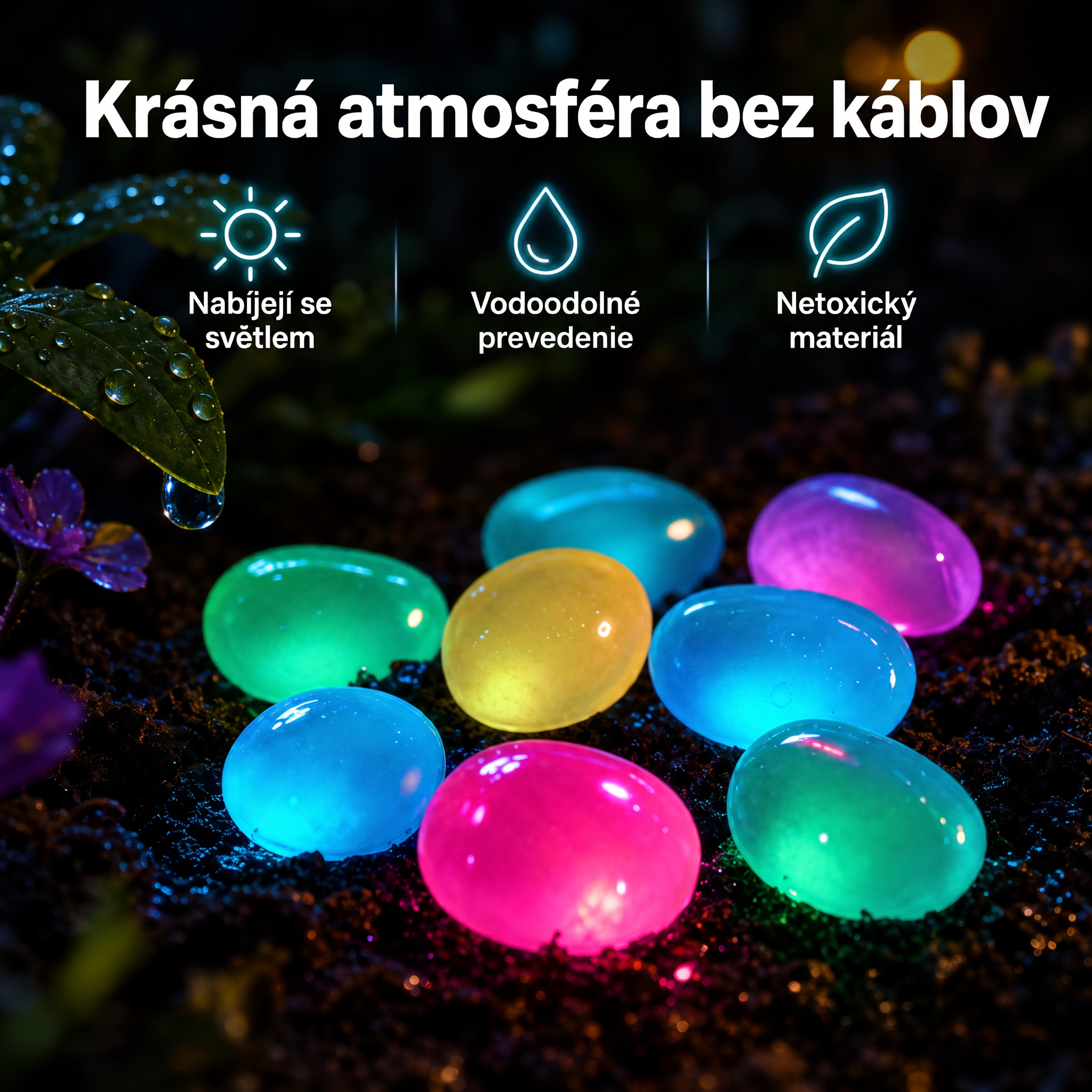 PKNEW® Svetielkujúce záhradné kamienky nabité svetlom 👑 – farebná nočná žiara bez káblov a batérií, vodeodolná dekorácia na chodníky, kvetináče, záhony, terasu aj okolie bazéna 💎
