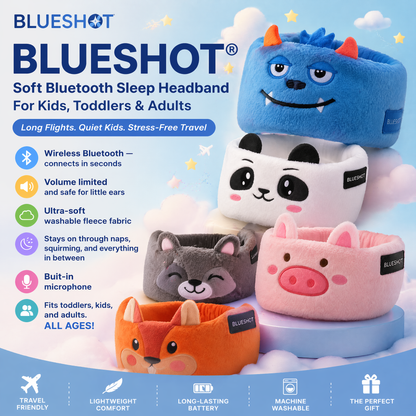 Blueshot® 🍈Kids Bluetooth Headband Headphones, 🦉 Soft Fleece Sleep & Travel Earphones, Volume-Limited Wireless Audio, Washable Animal Headband for Toddlers & Kids