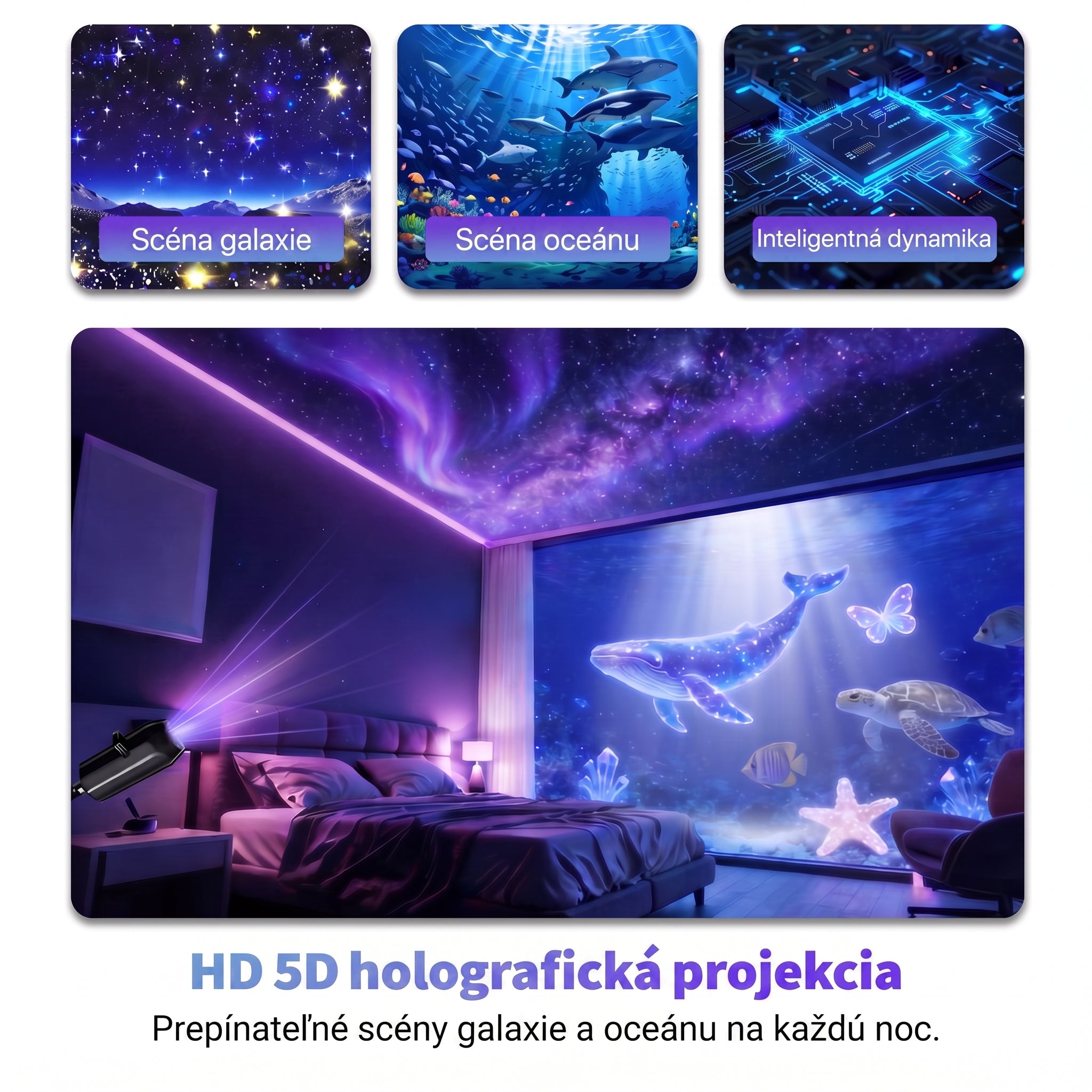 PKNEW® 🦄 PROJEKTOR SMART HD NOVEJ GENERÁCIE – Dynamický 5D holografický nočný projektor 💎