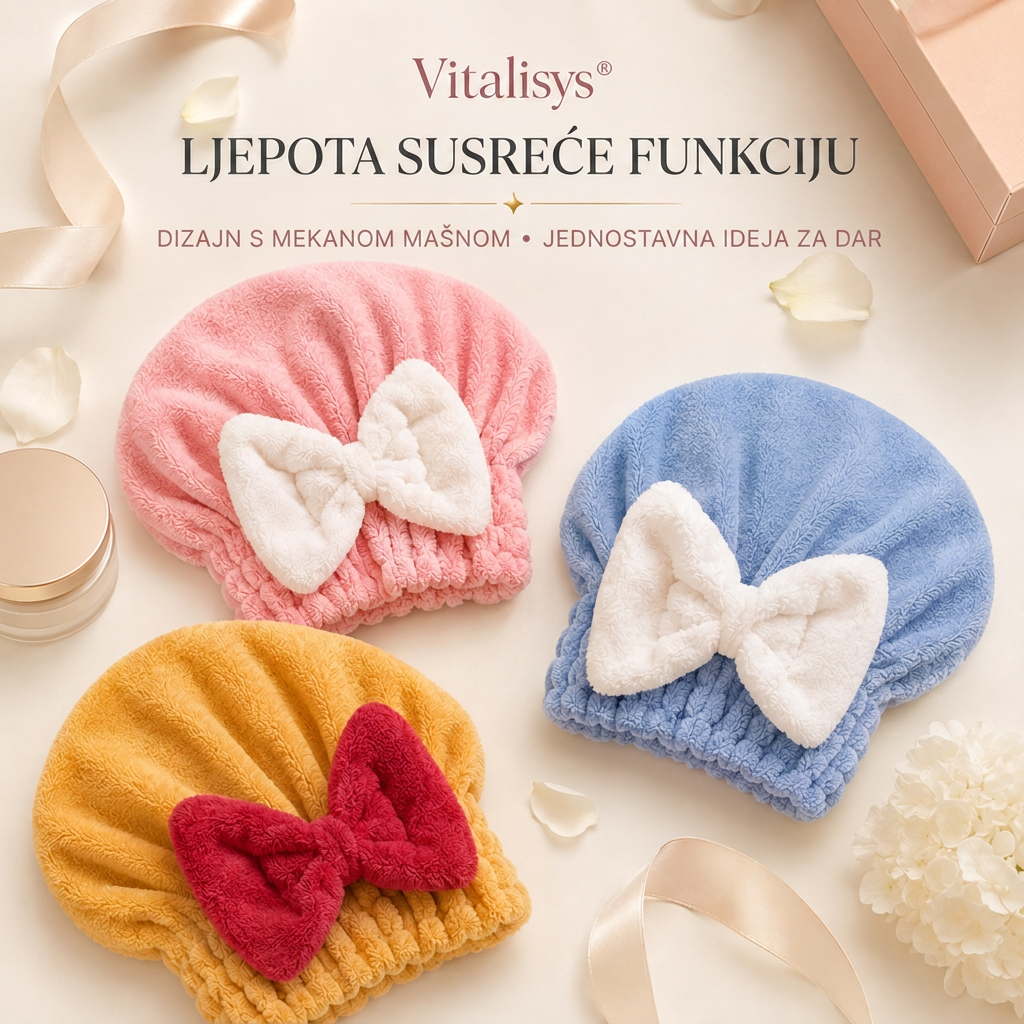 Vitalisys® Brzosušeća kapa od mikrovlakana za kosu s mašnom – Upijajući ručnik za mokru kosu za svakodnevnu rutinu i putovanja 🎀