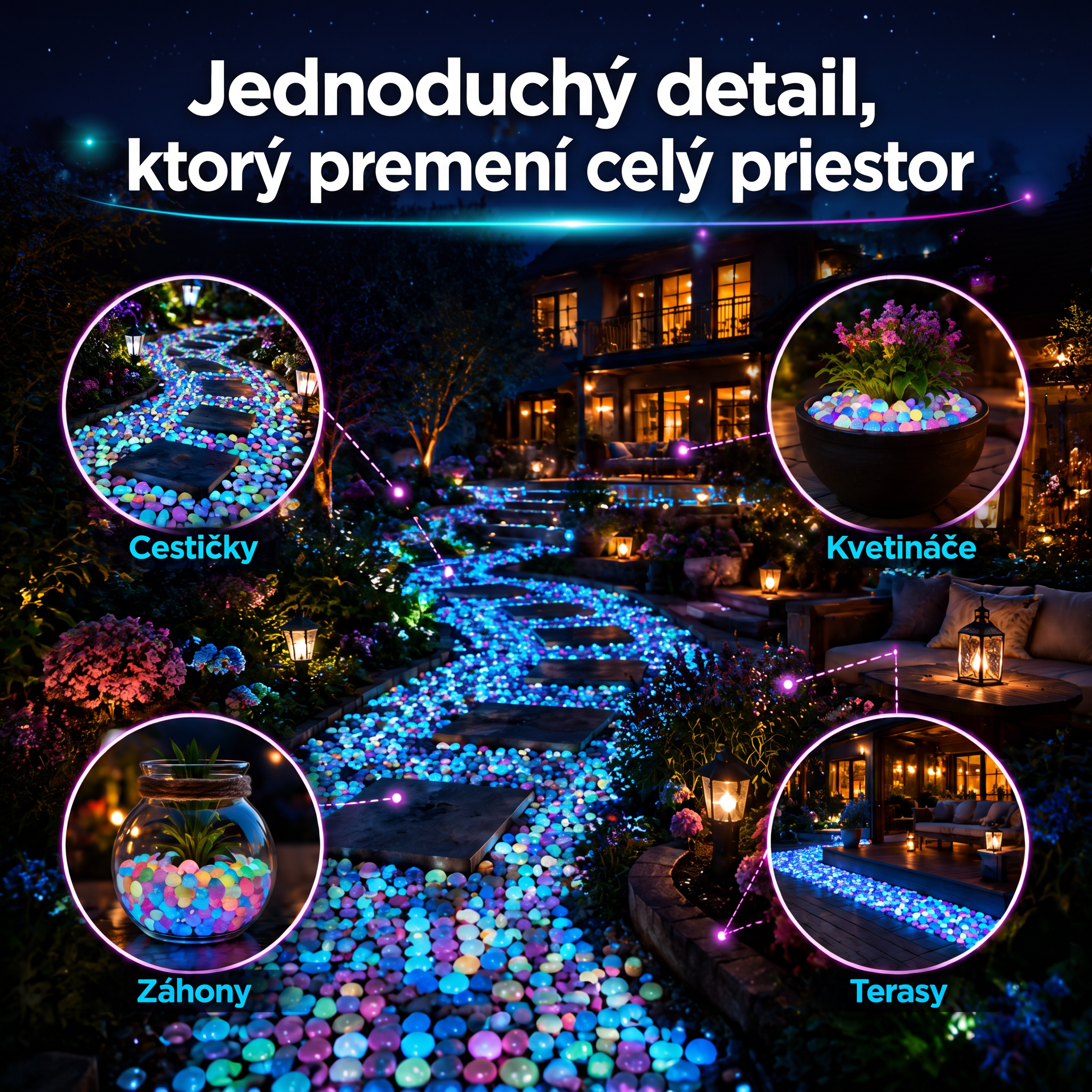 PKNEW® Svetielkujúce záhradné kamienky nabité svetlom 👑 – farebná nočná žiara bez káblov a batérií, vodeodolná dekorácia na chodníky, kvetináče, záhony, terasu aj okolie bazéna 💎