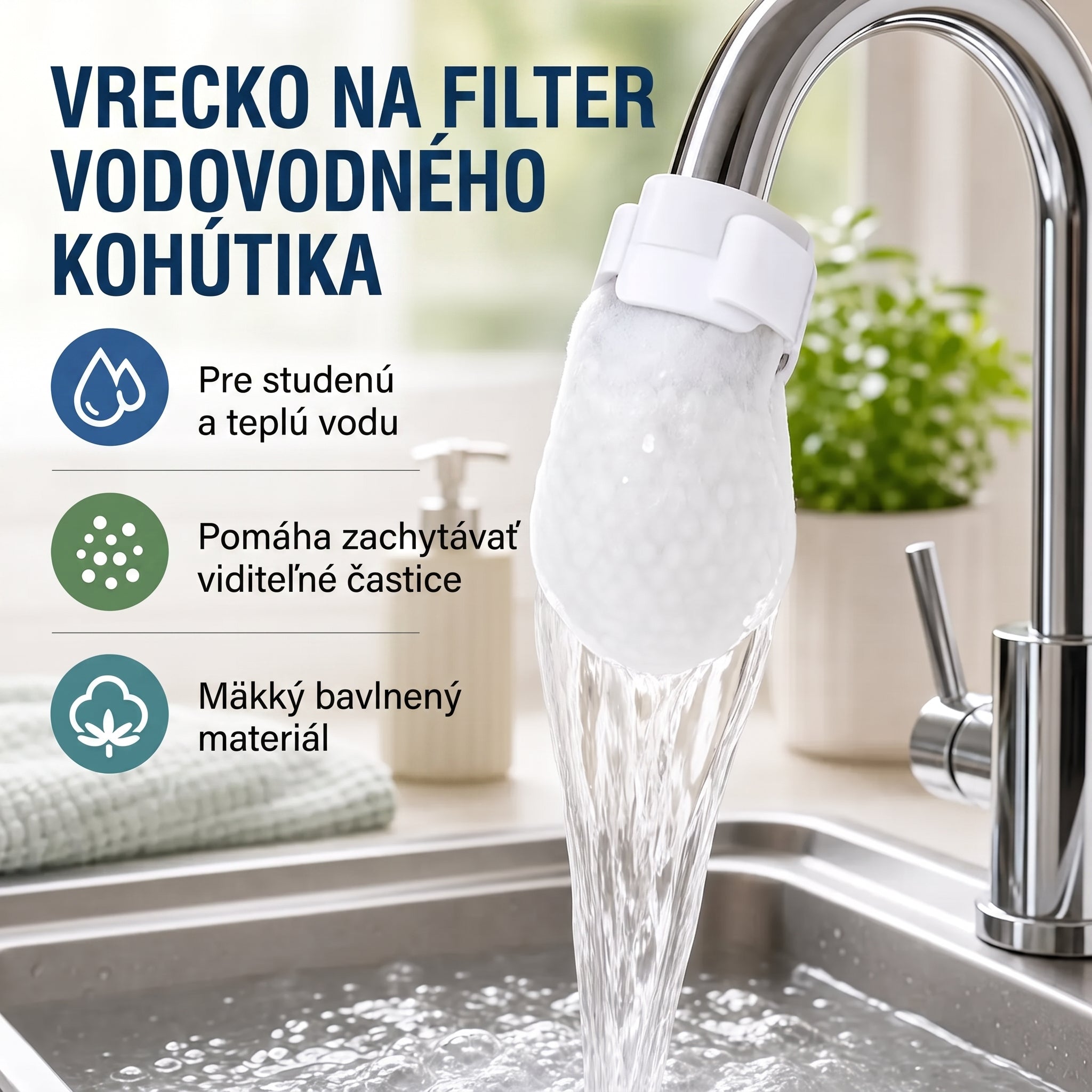 PKNEW® Filtračné vrecká na vodovodnú batériu – 50ks jednorazové bavlnené filtre na pitnú vodu pre čistšiu vodu, obmedzenie striekajúcej vody a ochranu pred usadeninami 🚰