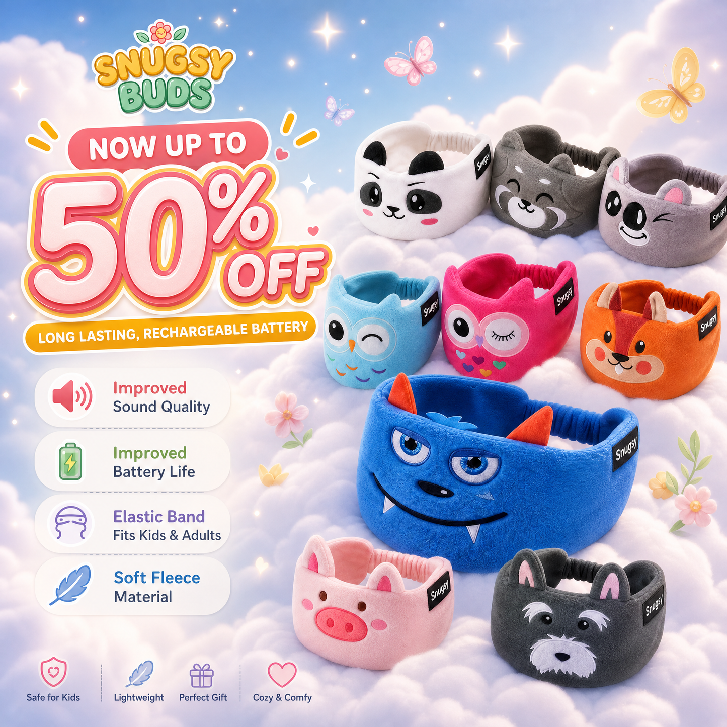 Blueshot® 🍈Kids Bluetooth Headband Headphones, 🦉 Soft Fleece Sleep & Travel Earphones, Volume-Limited Wireless Audio, Washable Animal Headband for Toddlers & Kids