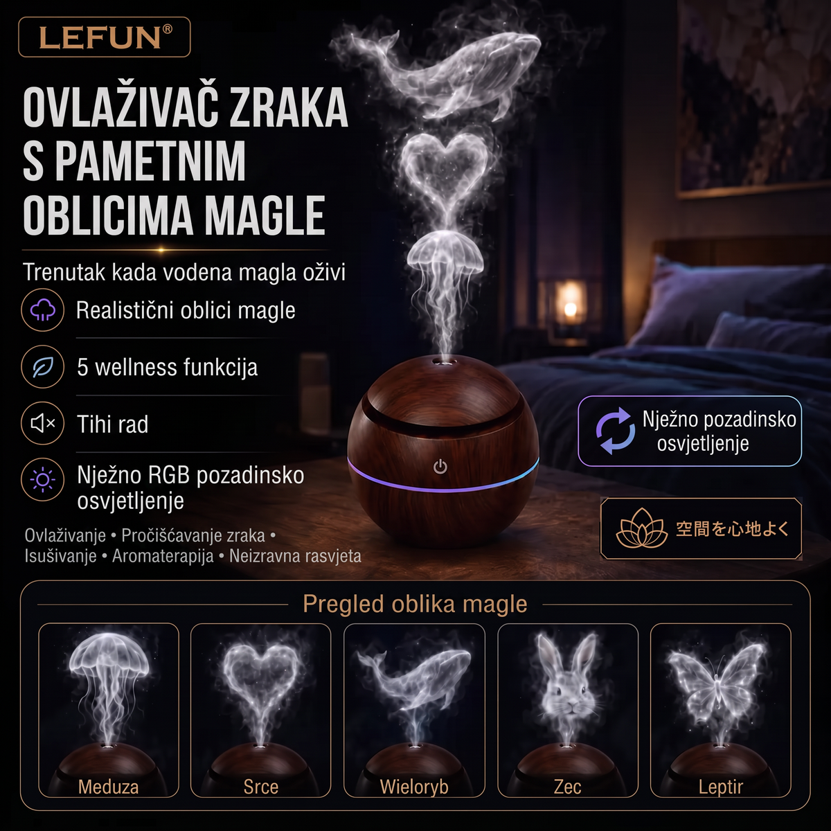 LEFUN® Pametni ovlaživač zraka i difuzor s oblikovanom maglicom 🌈 – Drveni dizajn s efektima meduze i RGB osvjetljenjem 💎