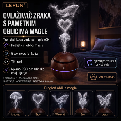 LEFUN® Pametni ovlaživač zraka i difuzor s oblikovanom maglicom 🌈 – Drveni dizajn s efektima meduze i RGB osvjetljenjem 💎