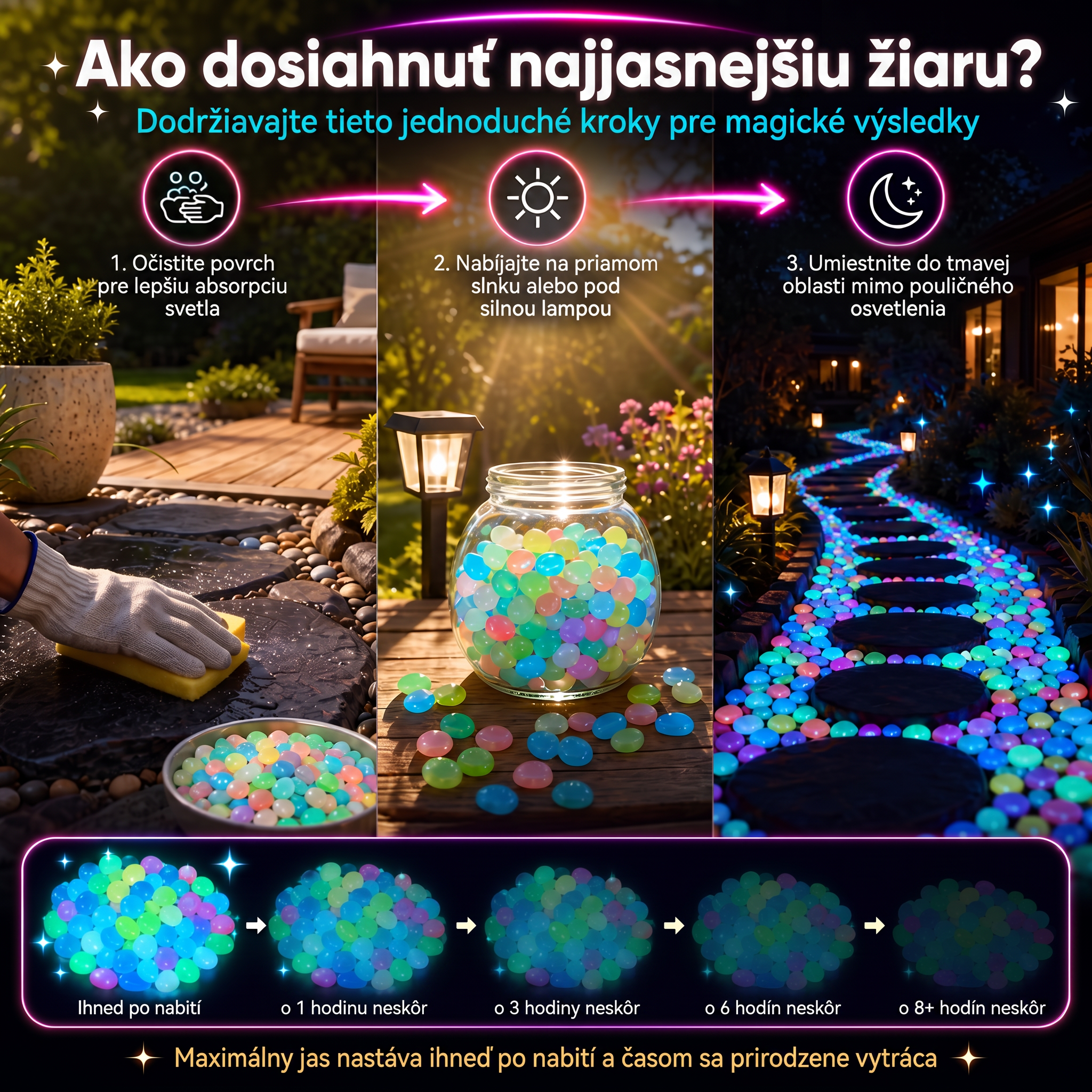 PKNEW® Svetielkujúce záhradné kamienky nabité svetlom 👑 – farebná nočná žiara bez káblov a batérií, vodeodolná dekorácia na chodníky, kvetináče, záhony, terasu aj okolie bazéna 💎