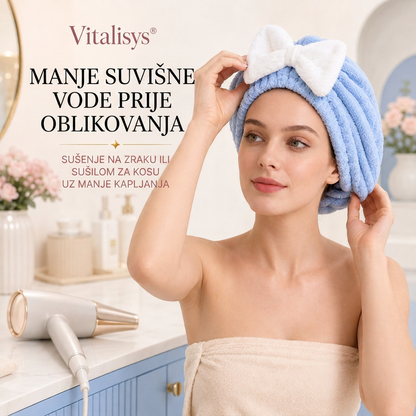 Vitalisys® Brzosušeća kapa od mikrovlakana za kosu s mašnom – Upijajući ručnik za mokru kosu za svakodnevnu rutinu i putovanja 🎀