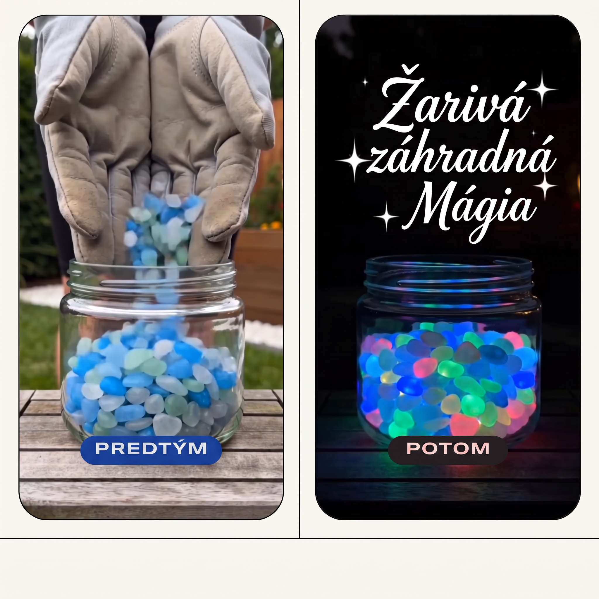 PKNEW® Svetielkujúce záhradné kamienky nabité svetlom 👑 – farebná nočná žiara bez káblov a batérií, vodeodolná dekorácia na chodníky, kvetináče, záhony, terasu aj okolie bazéna 💎