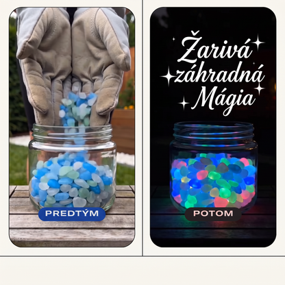 PKNEW® Svetielkujúce záhradné kamienky nabité svetlom 👑 – farebná nočná žiara bez káblov a batérií, vodeodolná dekorácia na chodníky, kvetináče, záhony, terasu aj okolie bazéna 💎