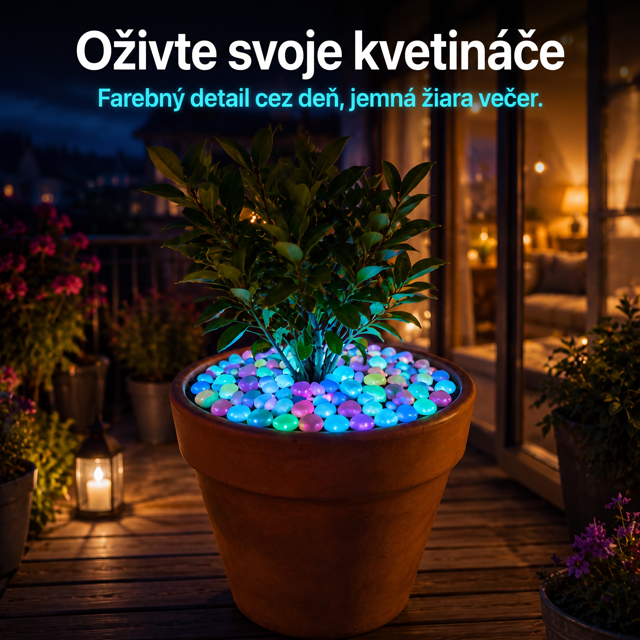 PKNEW® Svetielkujúce záhradné kamienky nabité svetlom 👑 – farebná nočná žiara bez káblov a batérií, vodeodolná dekorácia na chodníky, kvetináče, záhony, terasu aj okolie bazéna 💎