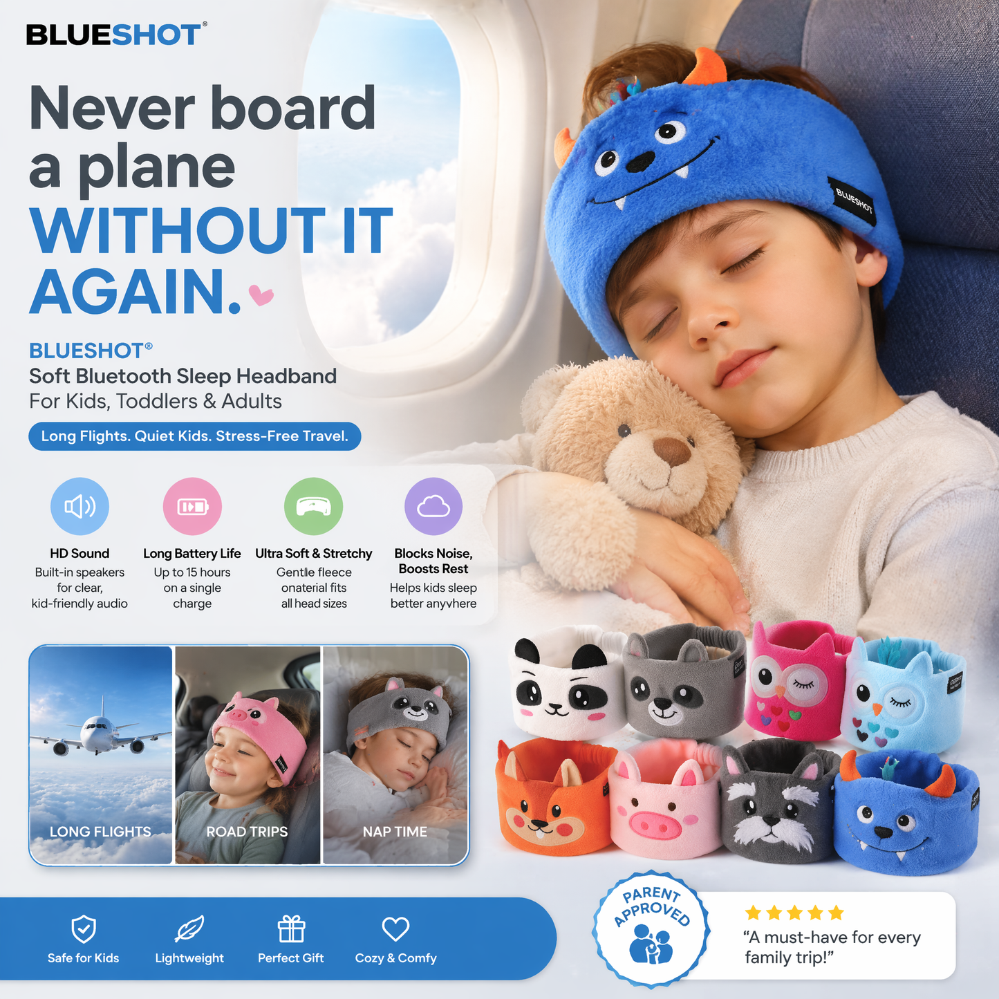 𝑩𝑳𝑼𝑬𝙎𝙃𝑶𝑻® 🧑‍👩‍🧒 Soft Bluetooth Sleep Headband For Kids, Toddlers & Adults Long Flights. Quiet Kids. Stress-Free Travel.