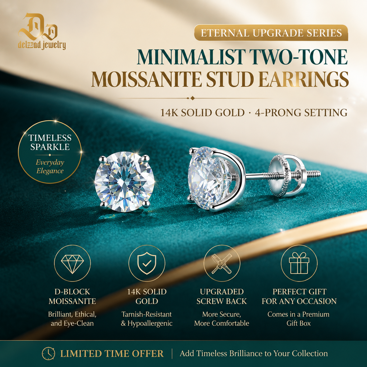 14K gold-plated solitaire four-prong stud earrings featuring lab-grown moissanite and S925 sterling silver  Final Day Special: Save a Massive 90% 🔥