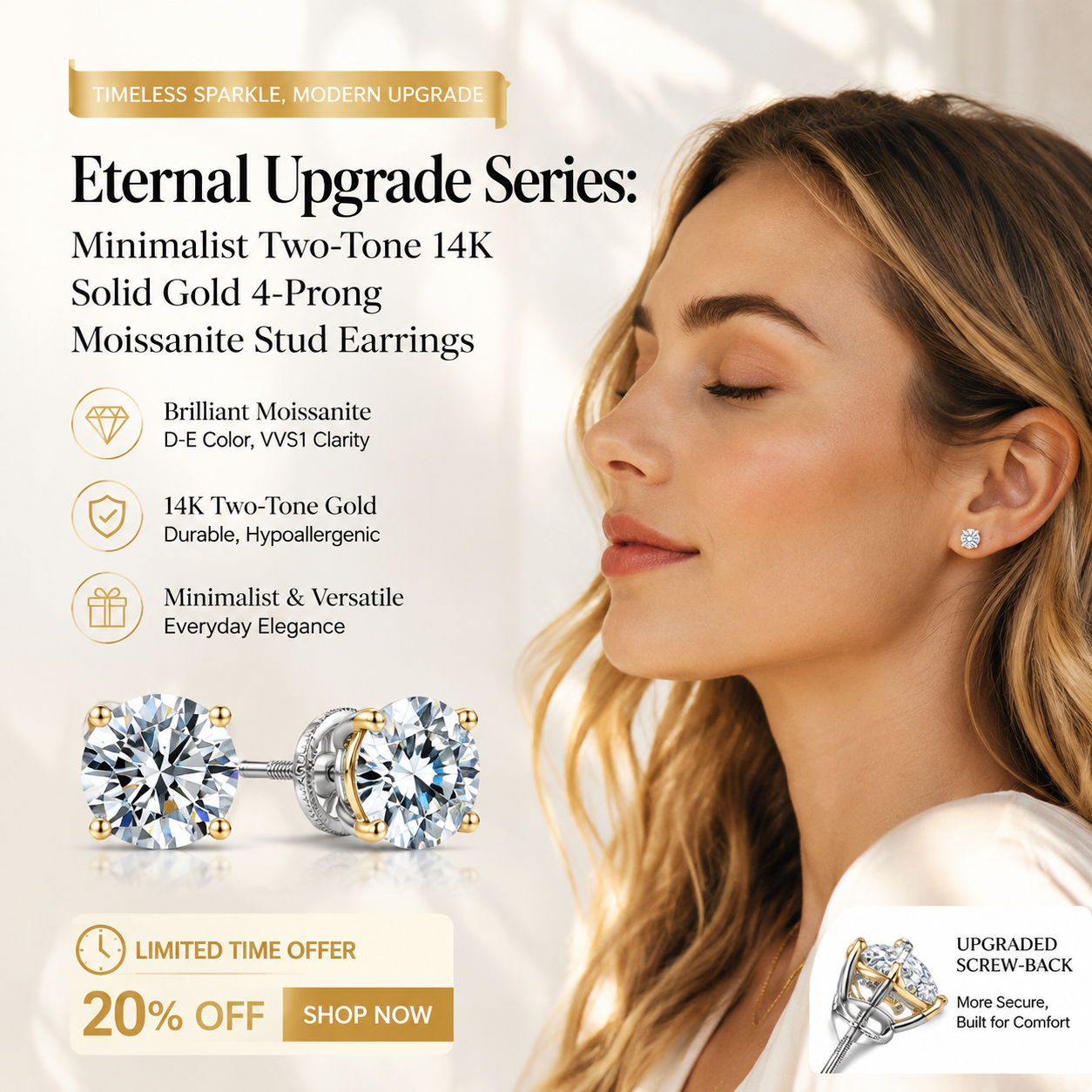 14K gold-plated solitaire four-prong stud earrings featuring lab-grown moissanite and S925 sterling silver  Final Day Special: Save a Massive 90% 🔥